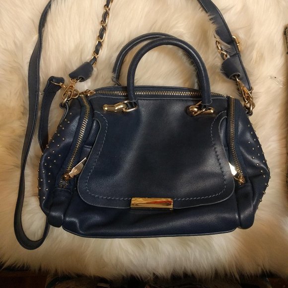 Blue Pleather Handbag with Gold Details - Picture 1 of 5
